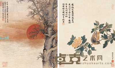 吴湖帆 仿宋人山水花鸟图 对屏 36×30cm×2